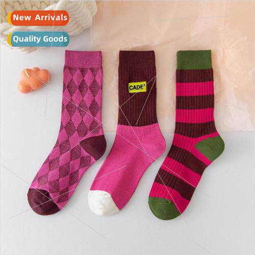 Pink striped diamond-checked mid-calf cotton socks fall new