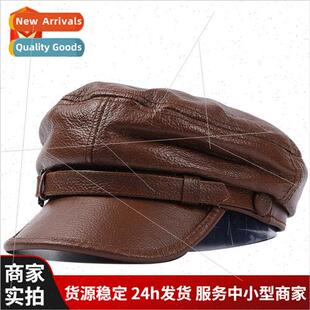 cowhide biker captain navy retro cap men hat winter Autumn