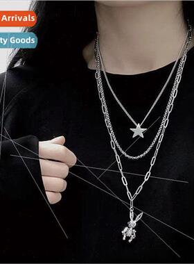 Vintage hip hop ins layered necklace women rabb pendant eart