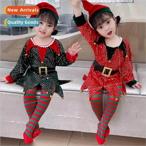 Christmas Costume Child Female Elf Green Red Sequin Dress Ch