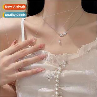 Three butterfly pearl tassel necklace female niche collarbon
