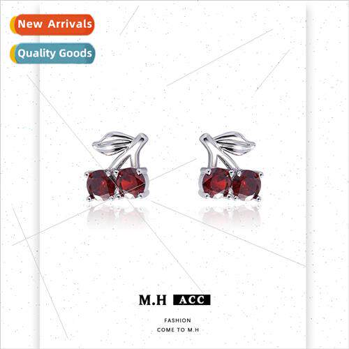 Red cherry earrings female sweet cool hundred wh 925 silver