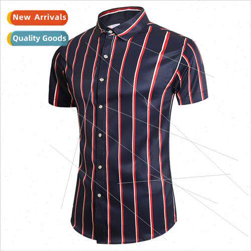 2022 summer new men vertical stripes short-sleeved shirt big