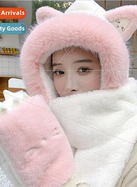 Cute cartoon hat scarf gloves all-in-one threePCS female win
