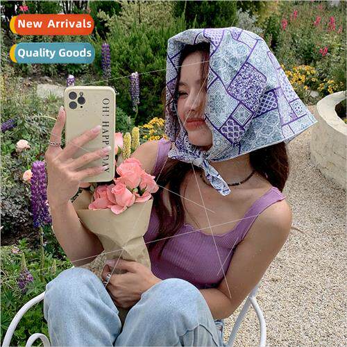Summer new bohemian diamond plaid floral headscarf 70 square
