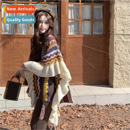 Bohemian cape shawl jacket women winter knted cardigan fring
