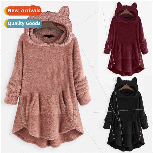 2021 Autumn Winter Button Hooded Cat Ears Plush Top Irregula