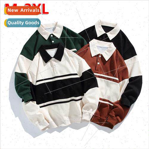 Men striped POLO shirt spring fall loose handsome tops men w