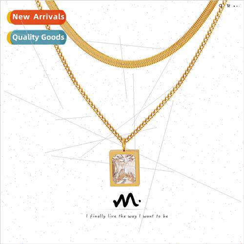 French simple stacking double chain necklace zircon pendant
