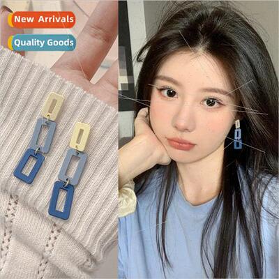 Summer ins color clashing blue long chain 925 silver pin ear