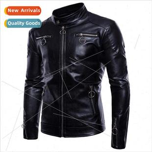 collar new jacket leather biker stand men Autumn Spring