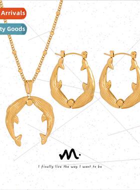 Fashion niche dolphin tanium steel necklace earrings simple