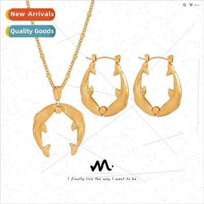 Fashion niche dolphin tanium steel necklace earrings simple