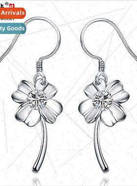 s925 silver jewelry simple four-leaf clover earrings zircon