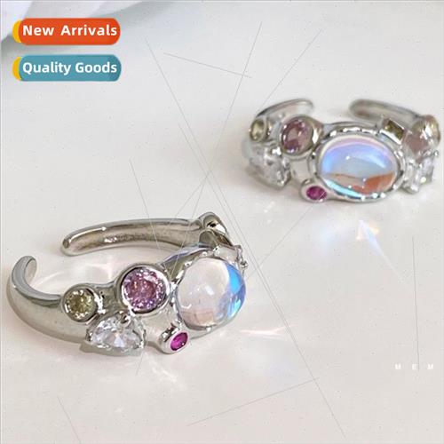 New Opal Moonstone Colored Zircon Pink Diamond Ring Lava che