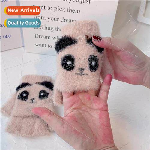 Cartoon panda warm winter women half-finger flap plush knted