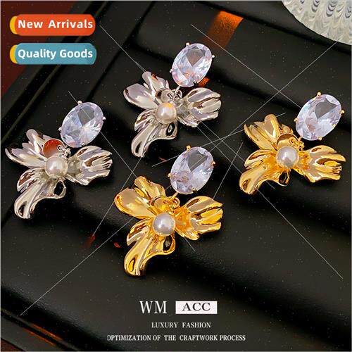 silver Pin Zirconia Flower Pearl Earrings Metal Earrings