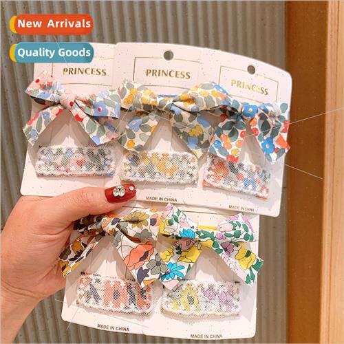 Korea children floral fabric hair clips girls mesh bow press