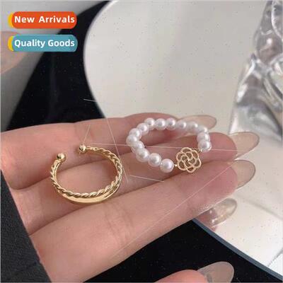 Pearl Camellia Rings 2pcs Set Stacking Combination che Korea
