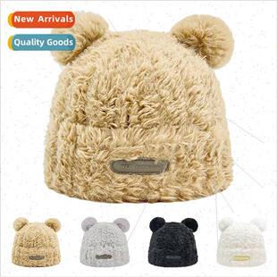 winter bear label leather warm female cap knted cute High