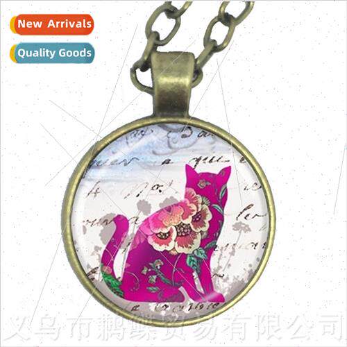 Cute cat pet necklace round glass dome animal pattern series