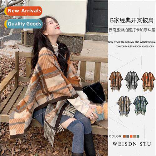 Merad plaid wool blend cape warm shawl thickened senior sens