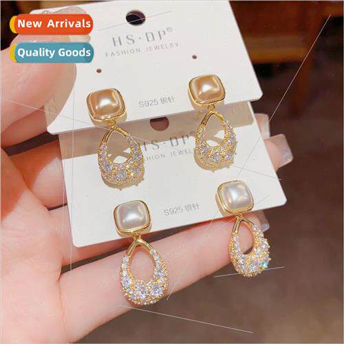 s925 silver pin elegant geometric pearl earrings niche gentl