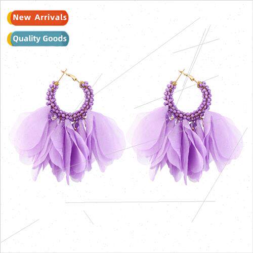 fresh vacation wind purple chiffon flower earrings exaggerat