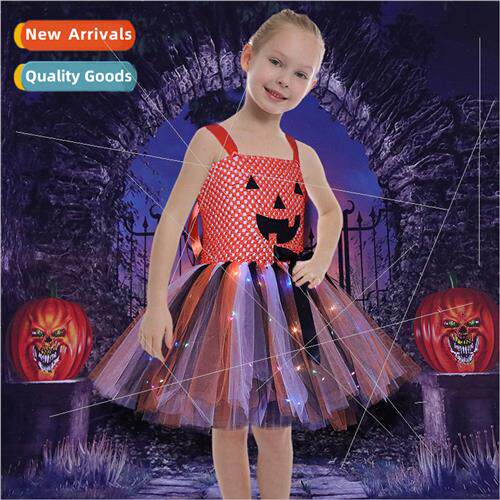 Europe Halloween pumpkin dress wh flashing lights tutu girls