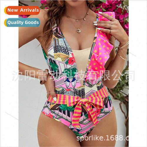 Asymmetric ruffle one-piece swimsu 2023 new mesh printed cri