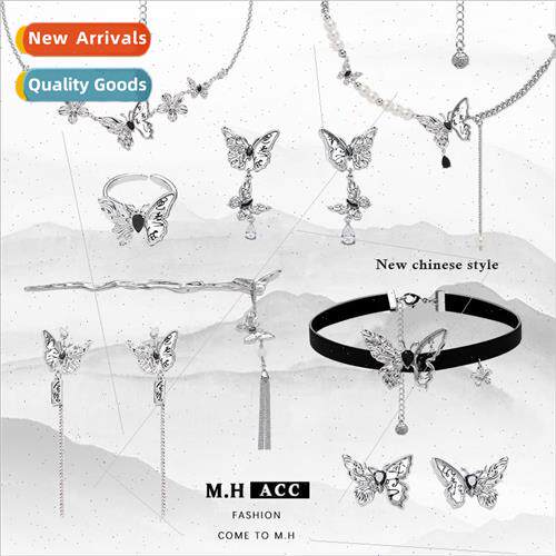 Word painting butterfly long earrings female retro 925 silve