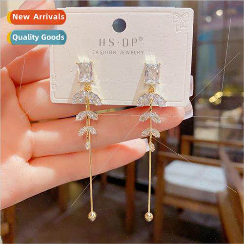 Korea delicate zirconia leaf tassel earrings s925 silver pin