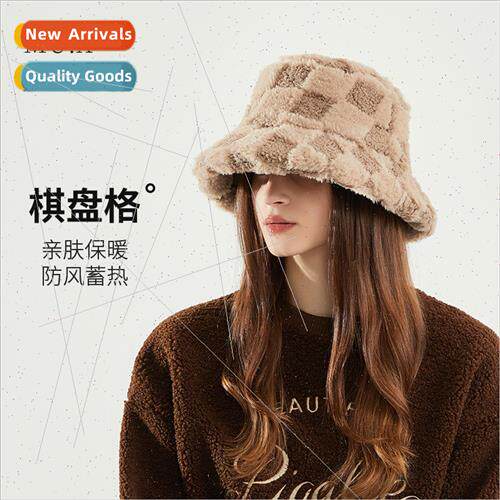 Lambswool plaid fisherman hat female thickened warm cold win