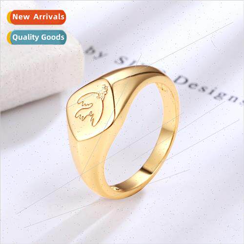 Europe minimalist vintage gold stamp ring women ins engraved