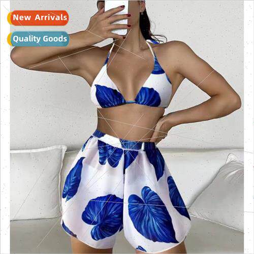 rui new swimsu female leaf print bikini neckline gauze skirt