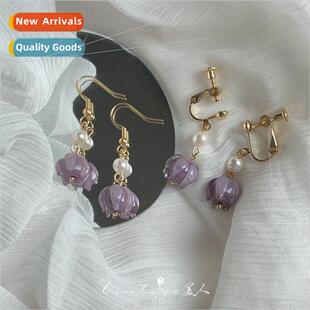 niche earring French gentle flowers plant glaze retro purple