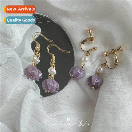 French retro gentle niche purple glaze flowers plant earring