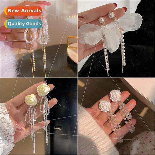 Camellia crystal tassel earrings female Korea elegant long e