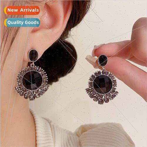 Vintage fashion black crystal earrings s925 silver pin niche