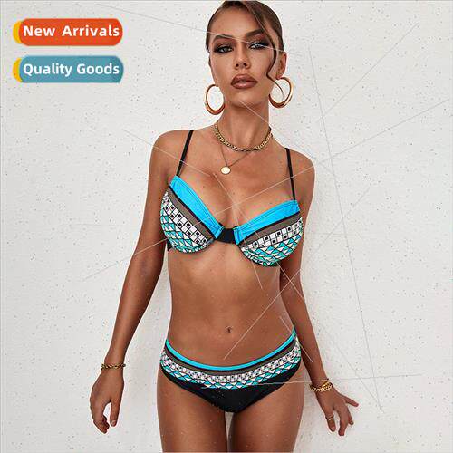 Europe new sexy bikini swimsu female printed halter hard cup