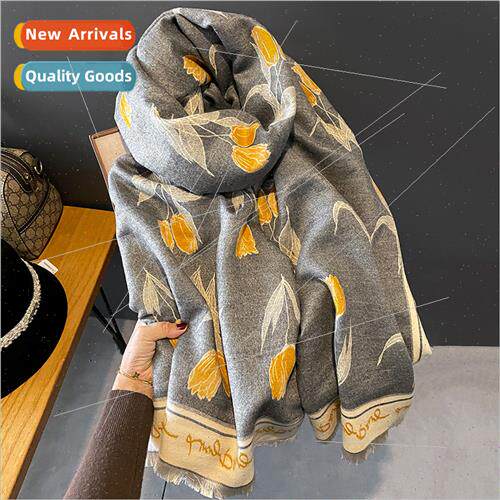 2023 new tulip printing double-sided faux cashmere scarf fem