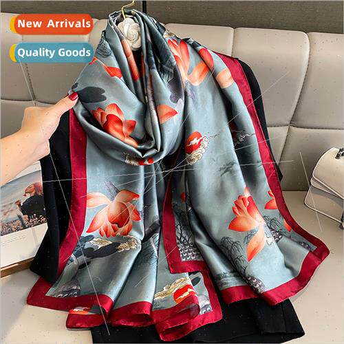 New lotus satin simulation silk scarf female fall winter Kor