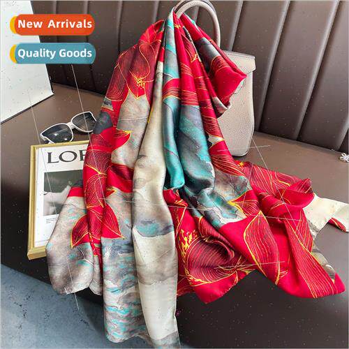 Fashion red lotus simulation silk ging face scarf female spr