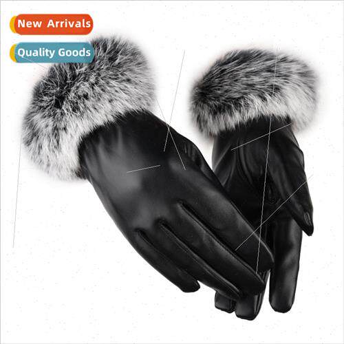 Warm gloves womens fall and winter PU leather home rabb hair
