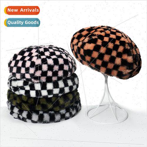 Japan niche checkerboard checker plush beret autumn winter c
