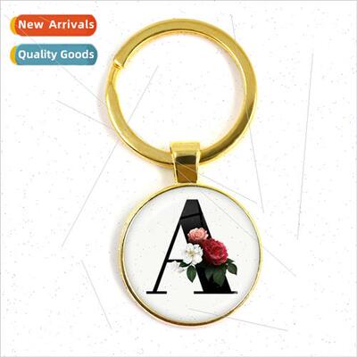26 Alphabet Time Gemstone Glass Metal Keychain Pendant