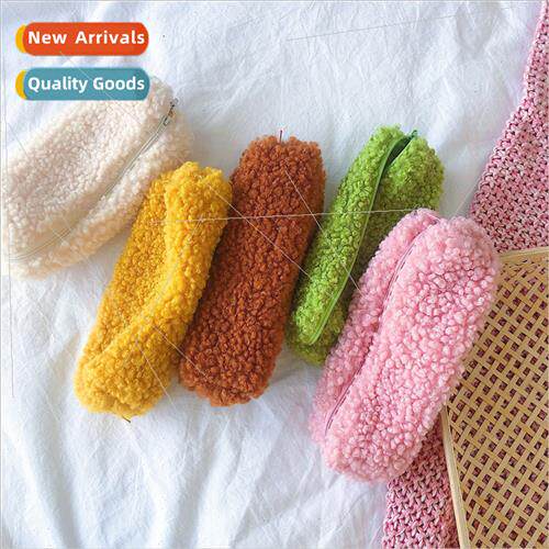 Korea  ins simple small fresh lamb plush pencil bag avocado
