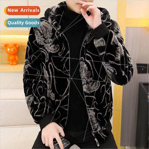 Hooded mink jacket men new fall winter casual tweed jacket p