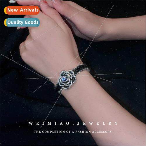 French Diamond Camellia Crystal Bracelet Black String Super