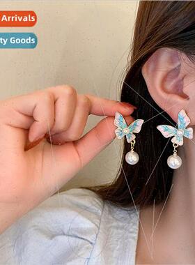 Vintage French drip glaze butterfly pearl earrings 925 silve